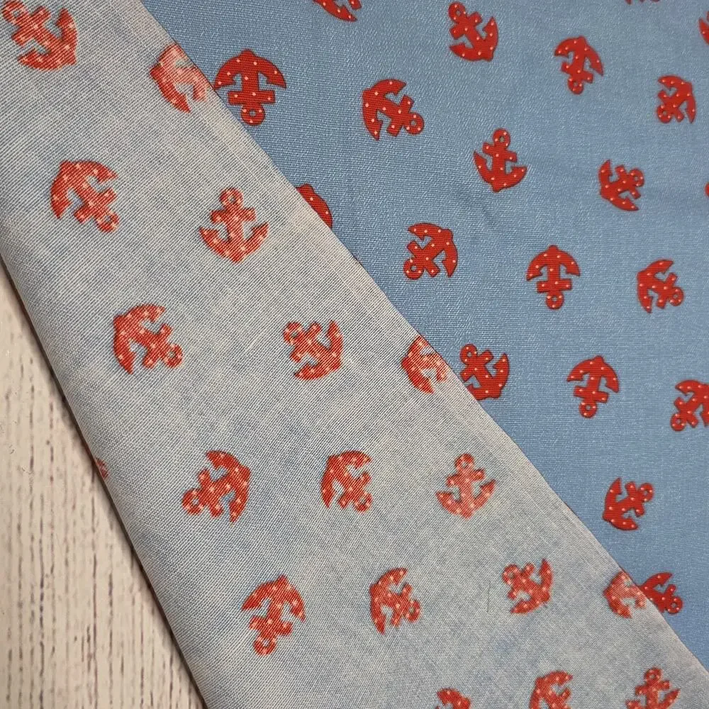 Vintage Nautical Anchor Print Fabric Blue Red Cotton Blend 44.5 x 75 Sewing